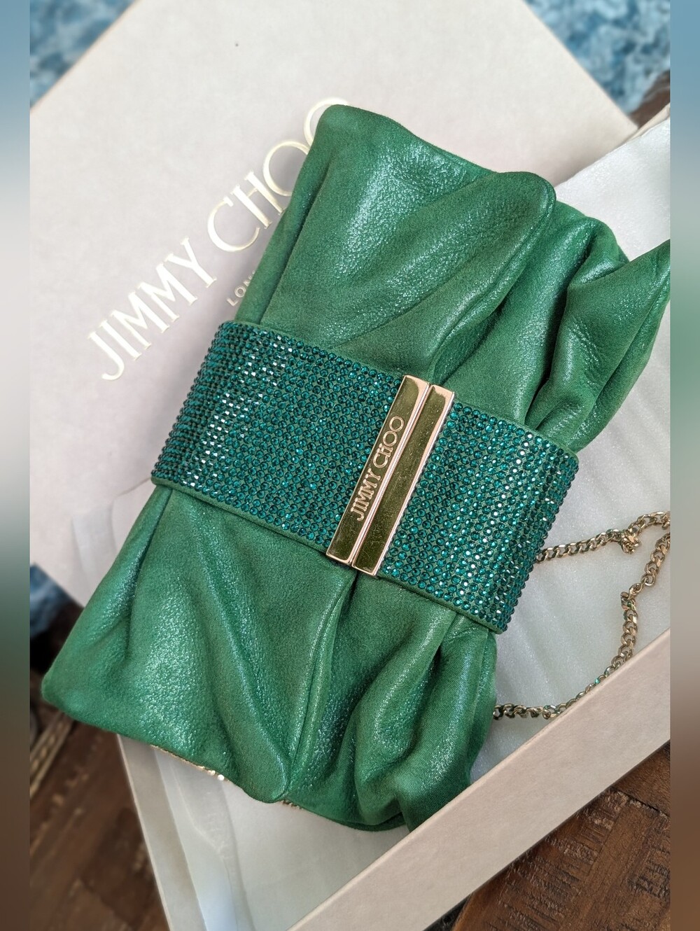Jimmy Choo Pink Shimmer Suede Chandra Chain Clutch - Picture 5 of 15